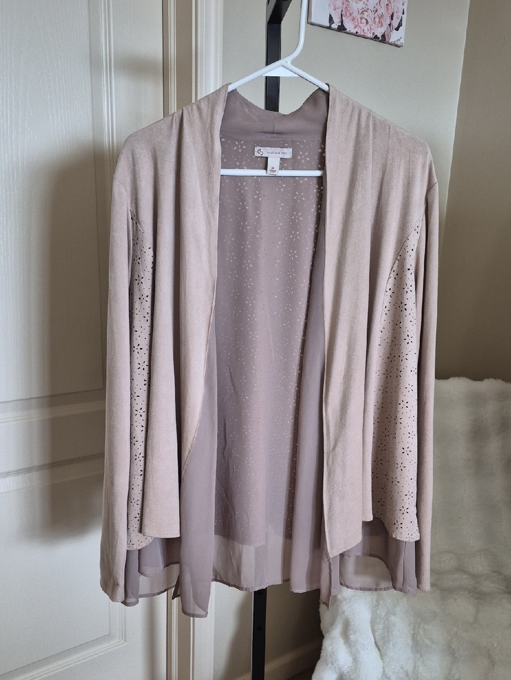 Open-Front Women's Cardigan in Light Taupe with Laser Cut Design Size XL